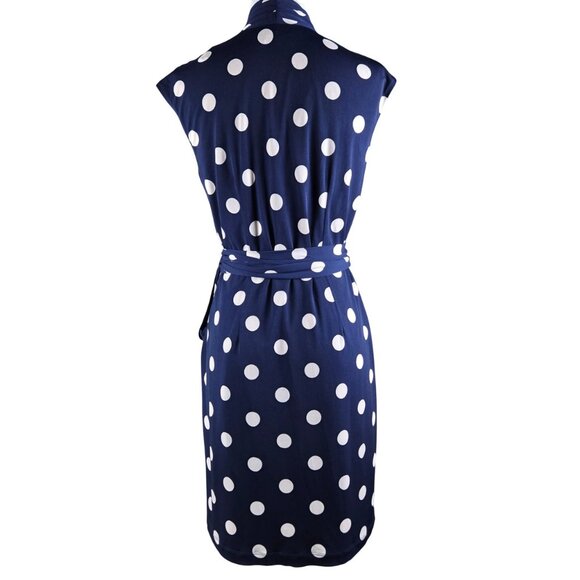 Eliza J Polka Dot Jersey Faux Wrap Dress Size 8 Fully Lined Belt Navy Blue Cream - Picture 4 of 11